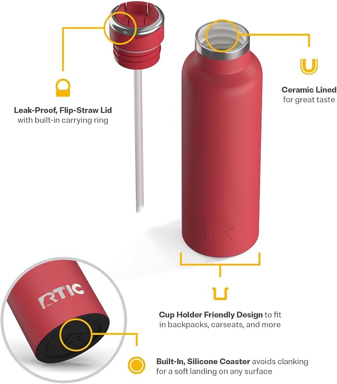RTIC 20oz Journey Water Bottle, Ceramic Lined, Flag Red | Stainless Steel Metal, Insulated for Hot and Cold Drinks, Sports, Travel and Camping