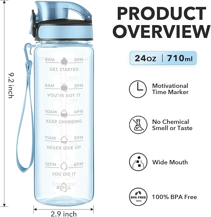 Enerbone Water Bottle, Leakproof BPA & Toxic Free, Motivational Water Bottle with Times to Drink and Straw, Fitness Sports Water Bottle with Strap for Office, Gym, Outdoor Sports