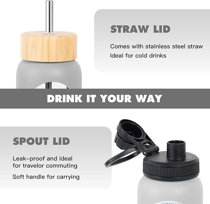 32oz Glass Water Bottle with Time Marker, 2 Lids-Handle Spout Lid & Bamboo Straw Lid, 1 Liter Motivational Borosilicate Water Bottle for Gym, Office, Travel (Gray)