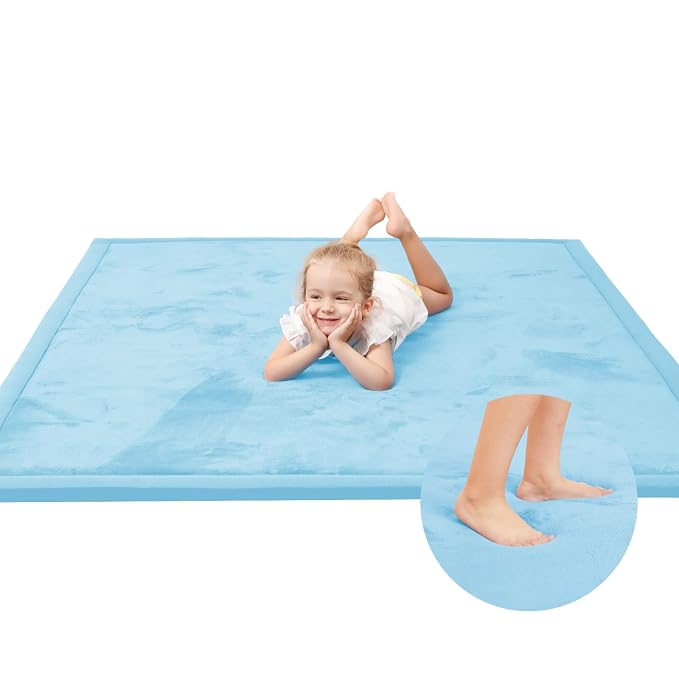 Baby Play Mat for Floor,1.3" Thick Memory Foam Tummy Time Mat,Soft Coral Velvet Nursery Rug,Large Non Slip for Crawling,Toddlers,Infants,Kids,Yoga & Tatami Style for Living Room(Light Blue)