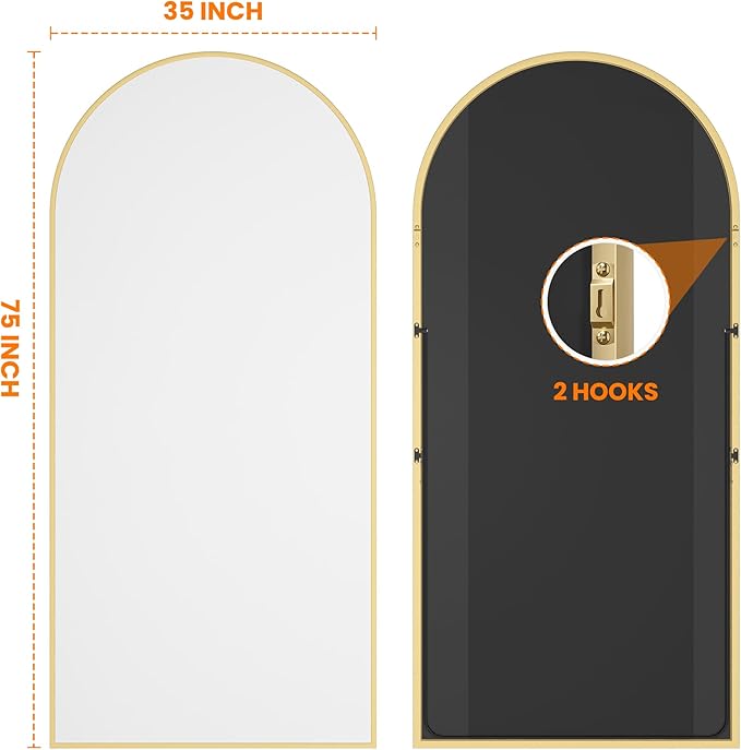 TRAHOME Full Length Arched Mirror, 75"x35" Standing Floor Full Body Mirror for Wall with Aluminum Alloy Frame for Bedroom, Living Room, Dressing Room(Gold)