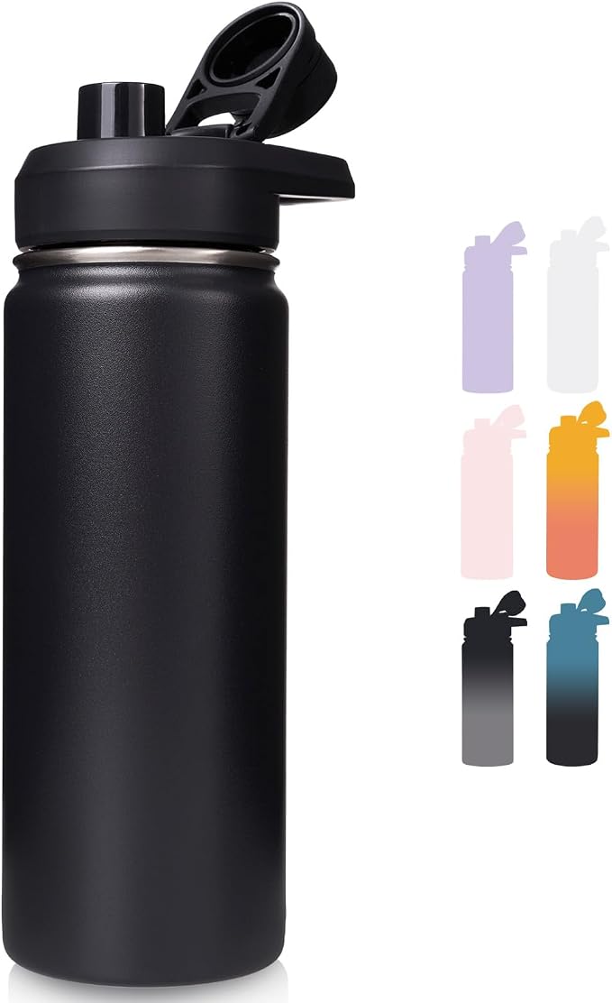 Fijinhom Insulated Water Bottle with Handle, 304 Stainless Steel Water Bottles with Wide Mouth, Double Wall Vacuum Sports Water Bottle, BPA Free, Keep Cold and Hot, 18 Ounces, Black