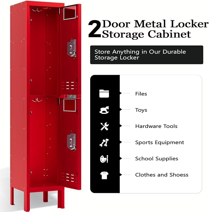 BUTISOW Metal Storage Locker with Lock & Card Slot Locker - Secure Lockable Door - Steel Locker for School, Office, Gym, Home - 66.15" H x 11.8" W x 11.8" D（2 Door, Red）