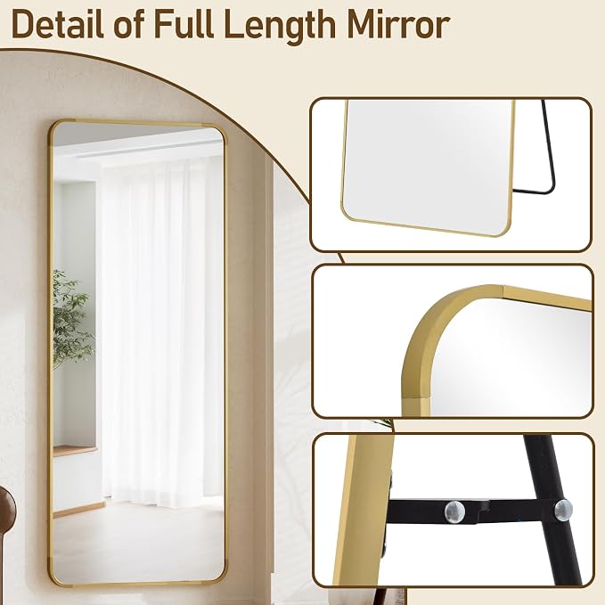 BEAUTYPEAK 71" x 26" Rounded Corner Full Length Mirror with Stand, Gold | Aluminum Alloy Frame with Standing, Leaning, or Wall-Mounted, Ideal for Bedroom, Dressing Room, Entryway, and Living Room