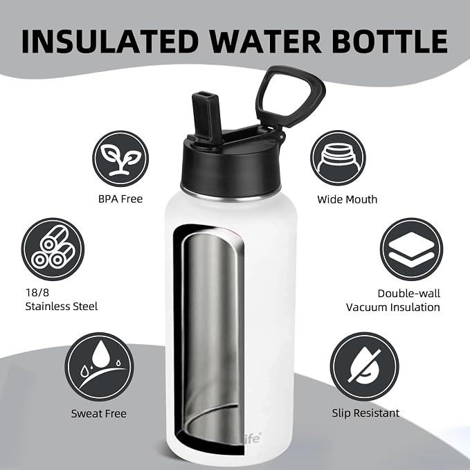 Insulated Water Bottle With Straw,32 oz Vacuum Insulated Stainless Steel Sports Water Flask,Keeps Cold and Hot,Metal Water Bottle Wide Mouth for Gym Travel Camping (White)