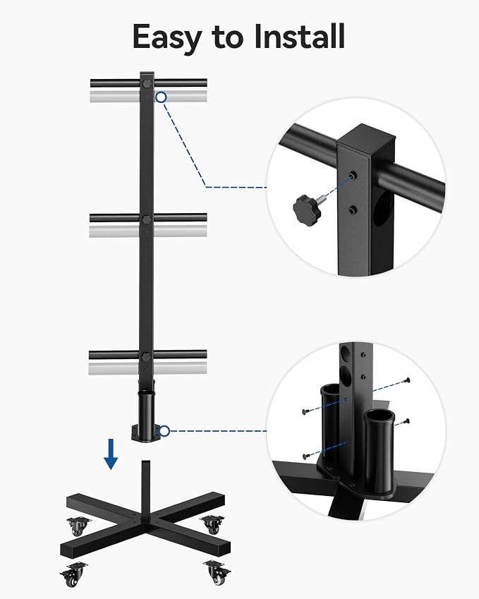 Movable Olympic Weight Plate Tree with 6 Metal Pegs | Fits 1" & 2" Weight Plates, Heavy Duty Storage Rack with Barbell Holders for Home & Garage Gym