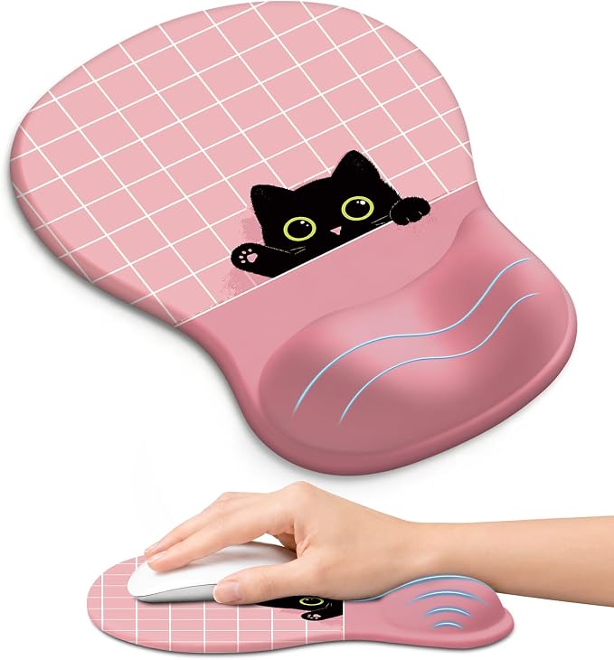 Ergonomic Mouse Pad with Wrist Rest, Gel Wrist Support, Pink Cat | 10.2 x 7.6 in Mouse Pad with Smooth Fabric Surface and Non-Slip Rubber Base for Office, Home, Study, and Gaming
