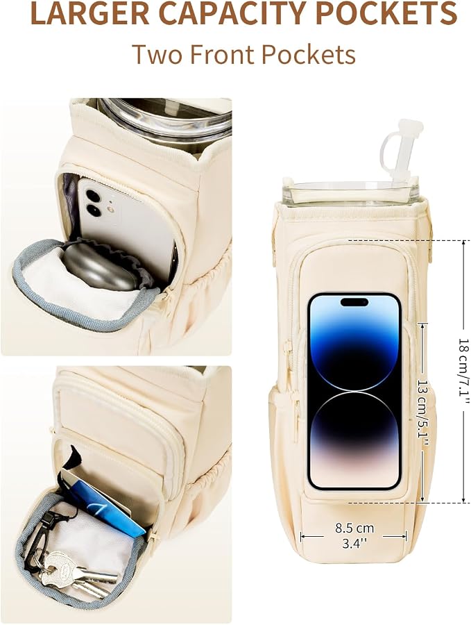 sportsnew 30/40oz Crossbody Water Bottle Holder Anti-Tip Tumbler Carrier | Lightweight Bottle Sling Fits Handled Tumbler w/ Phone Pocket, Adjustable Strap, Insulated Lining, Hands-free for Hiking Gym
