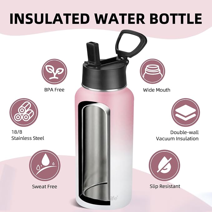 Insulated Water Bottle With Straw,32 oz Vacuum Insulated Stainless Steel Sports Water Flask,Keeps Cold and Hot,Metal Water Bottle Wide Mouth for Gym Travel Camping (Pink & White)