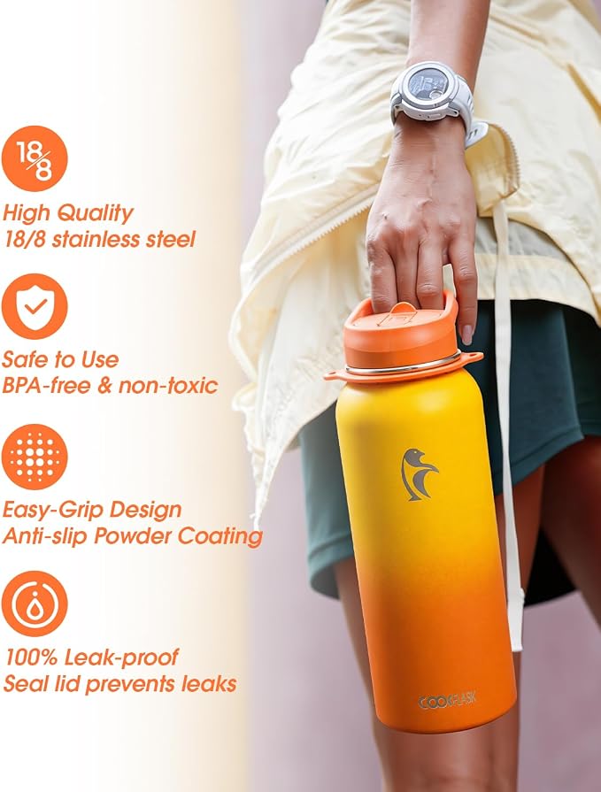 Coolflask 40 oz Water Bottle Insulated Stainless Steel with Strap | Metal Water Flask with Straw & Spout Lids, Triple-Wall, Cold 48+h, Dishwasher Safe, Leakproof, BPA-Free, for Gym & Hiking
