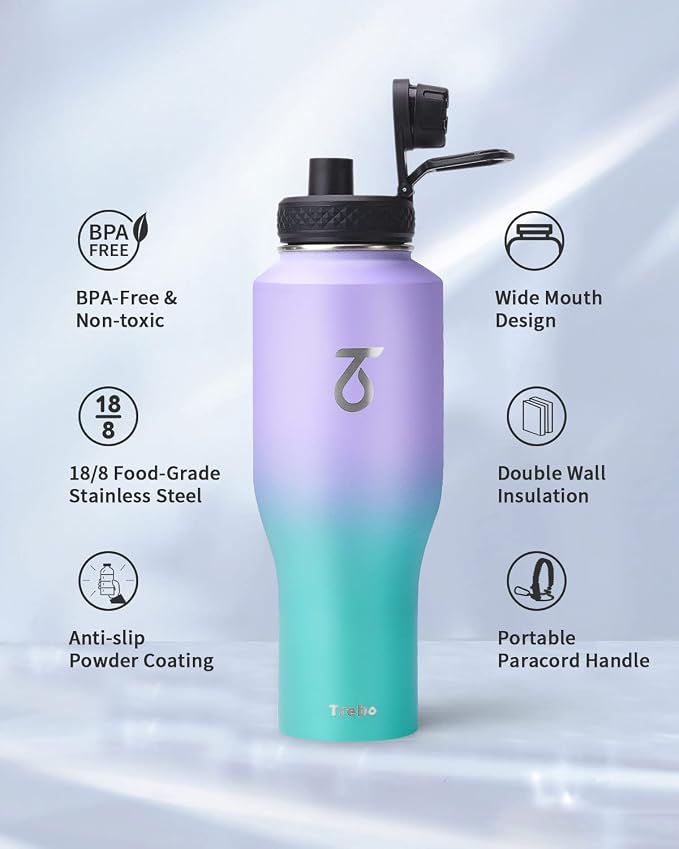 Trebo 40 oz Water Bottle Insulated Fit in Any Car Cup Holder with 2 Lids | Stainless Steel T-shape Tumbler with Paracord Handle, Triple Wall Vacuum Copper Plated, Cold 48 Hrs for Travel, Wide Mouth