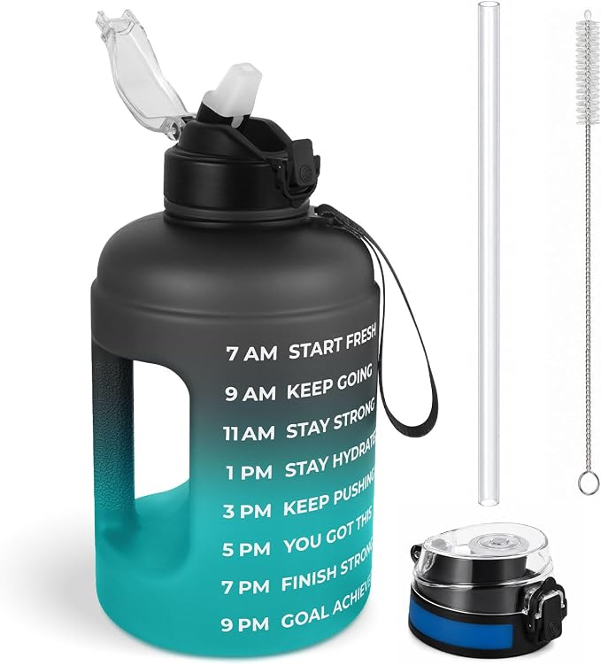Half Gallon Water Bottle with 2 Lids,Dishwasher Safe, BPA Free,Leak Proof | 73 OZ Large Water Bottle with Straw,Shatter Resistant, Resuable,Time Marker,Big Gym Motivational Water Jug with Handle
