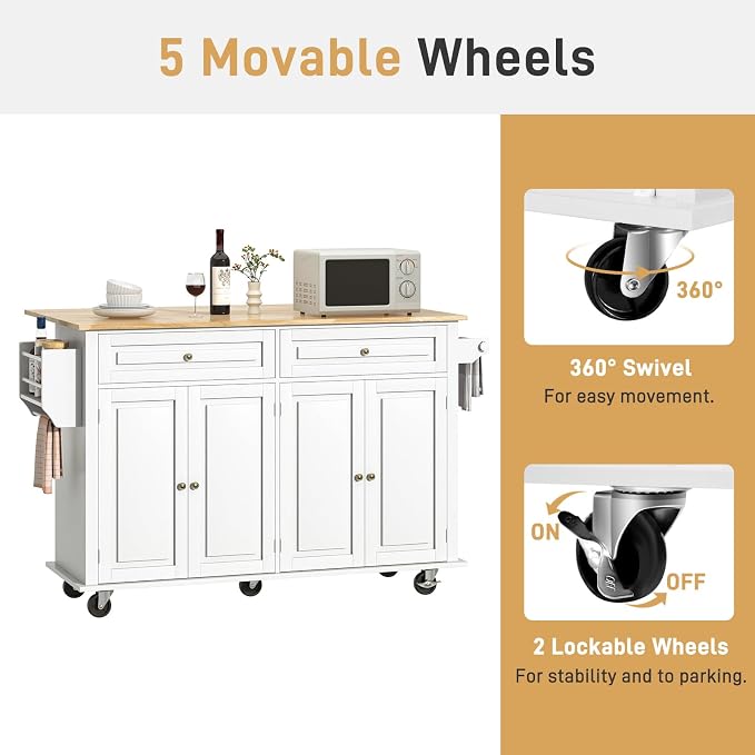 Hlivelood 59.1" Movable Kitchen Island with Drop Leaf and Power Outlet, Rolling Island Cart w/Storage Cabinet, Island Table on Wheels for Kitchen w/2 Drawers, Spice Rack, Towel Bar, Garage Hook, White