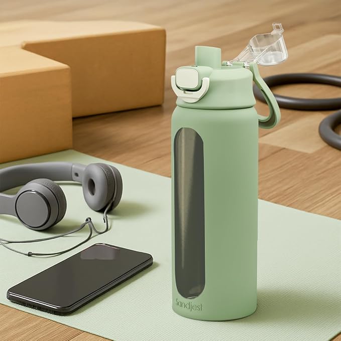 SANDJEST Glass Water Bottle with Silicone Sleeve 24oz with Lid, Motivational Time Marker, Drinking Hydration Glass Bottles for Men Women, Gym Travel Sports (Matcha)