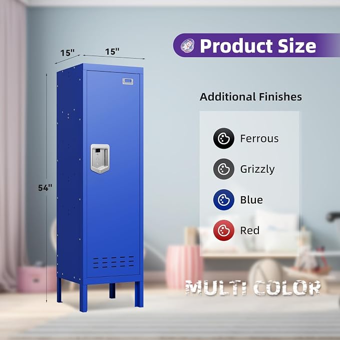 BUTISOW Metal Storage Locker with Lock & Card Slot Locker - Secure Lockable Door - Steel Locker for School, Office, Gym, Home - 54" H x 15" W x 15" D（1 Door, Blue）