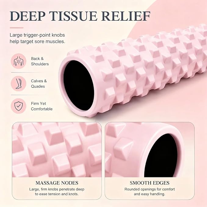 21" Foam Roller Deep Tissue Massager, Pink | Trigger Point Release, Muscle Recovery, Home Workout, Yoga, Pilates, Physical Therapy