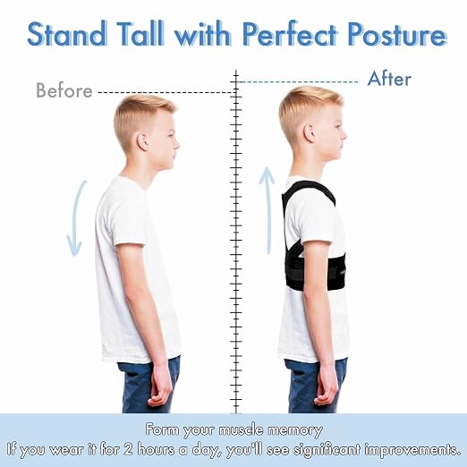 Back Brace Posture Corrector for Kids Teenagers Women, Adjustable Upper Back Straightener Lumbar Support Belt for Student Boys Girls Hunchback Scoliosis Pain Relief Spine Corrector (Black, Large)