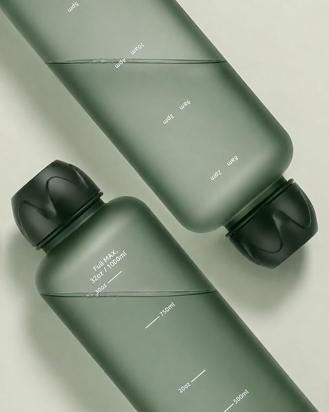 Slim Water Bottle 32 OZ with Stainless Steel Lid, Dishwasher Safe 1 Liter Plastic Water Bottle BPA-Free, Leakproof Lightweight with Time Marker, Reusable for Running School Sport Gym Travel Hiking