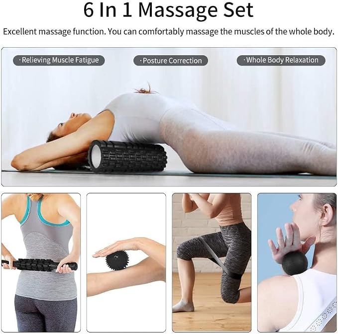 6 in1 Foam Roller Set, Trigger Point Foam Roller, Yoga Stick, Massage Ball, Fixation Ball, Fitness Stretching Strap, Carrying Bag, Towel for Deep Muscle Massage Pilates Yoga