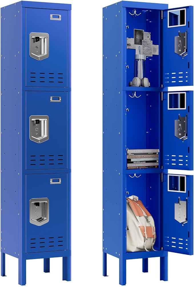 BUTISOW 3 Door Employee Metal Locker w/Card Slot for School Gym Office | Ventilated Metal Steel Locker with Mirror & Multi Hooks for Secure Storage