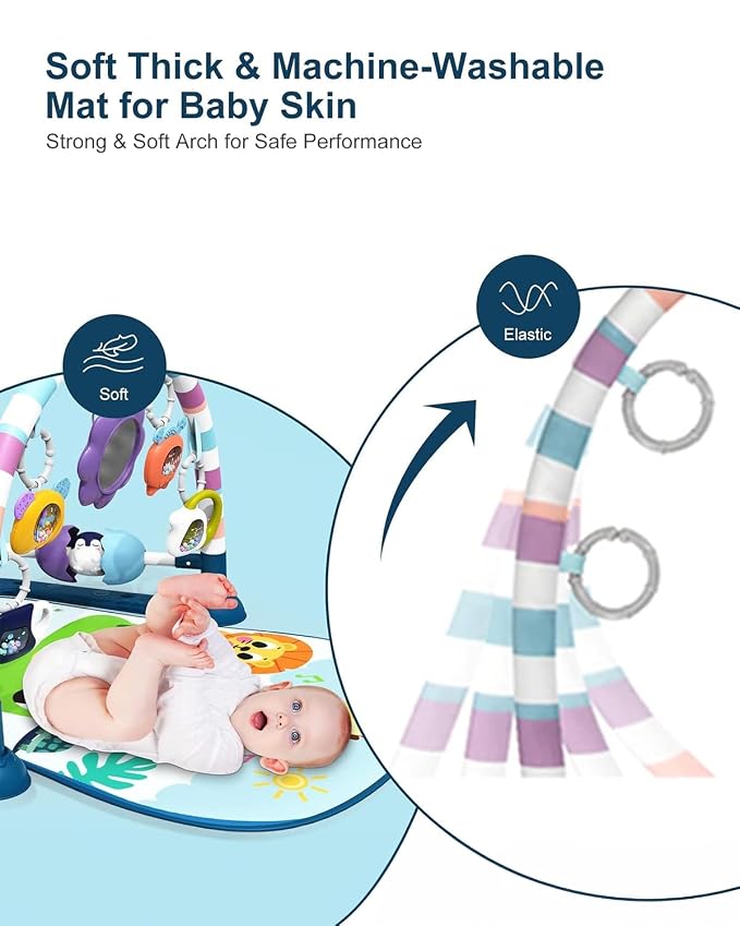dearlomum Blue Giraffe Theme Baby Play Mat Gym with Kick & Play Piano | Tummy Time Activity Mat with 5 Infant Sensory Toys, Music and Lights, Boy & Girl Gifts for Newborns 0 to 3 6 9 12 Months