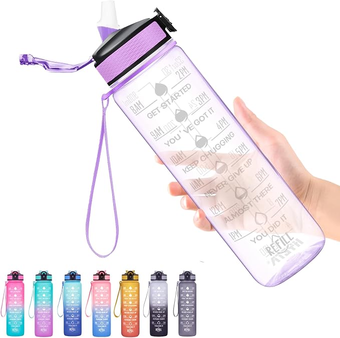 Hyeta Water Bottle with Straw & Time Marker, Plastic 32oz Leakproof | Motivational Tritan BPA Free Gym Office Outdoor Intake Tracker Hourly Reminder Straw Lid Carry Strap