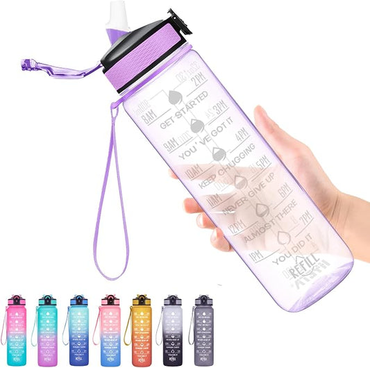 Hyeta Water Bottle with Straw & Time Marker, Plastic 32oz Leakproof | Motivational Tritan BPA Free Gym Office Outdoor Intake Tracker Hourly Reminder Straw Lid Carry Strap