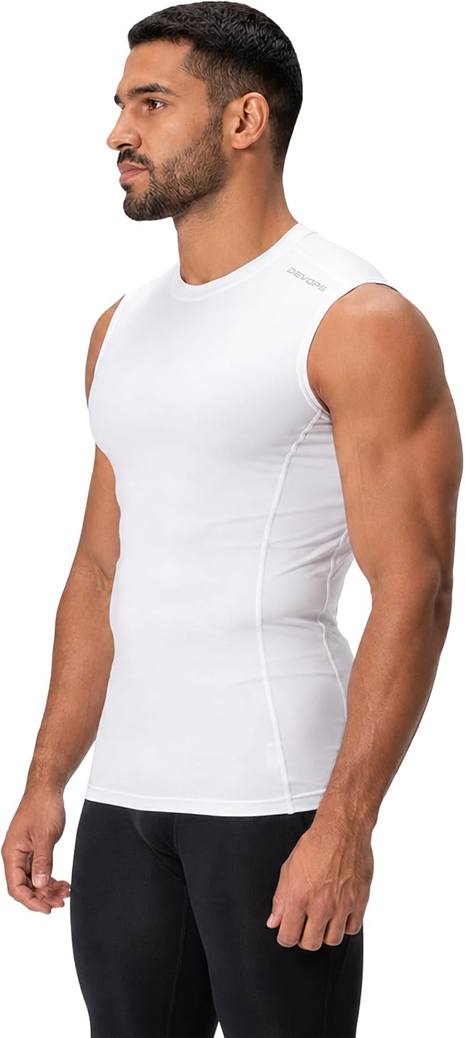 DEVOPS 3 Pack Men's Compression Shirts Sleeveless Tank Top Baselayer | Gym Training, Running, Moisture Wicking, Compression Fit, 4-Way Stretch, UPF 50+, Sleeveless