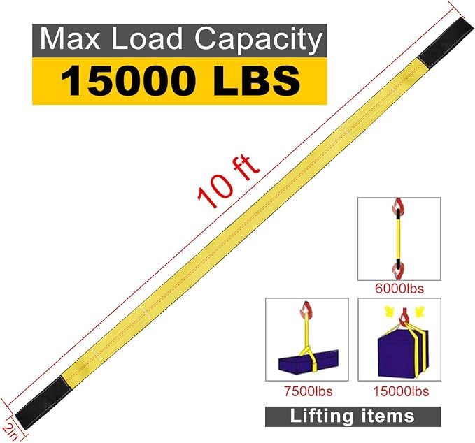 Lift Sling Straps 10'x2 15,000 Pound Capacity 2-Pack Heavy Duty Lifting Slings Web Sling Tree Saver Recovery Strap Web Sling Winch Strap Yellow