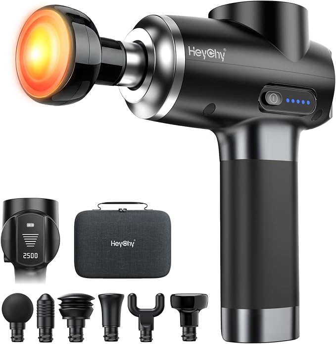 HEYCHY Percussion Massage Gun Deep Tissue with Heat, FSA Eligible, 12mm Amplitude Massager for Back Neck Relief, Quite for Home Gym Use, Athletes, Men Women, HSA Eligible