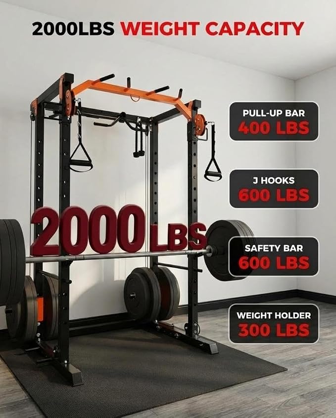 Power Cage with LAT Pulldown & Cable Crossover System, 2000LBS Multi-Functional Power Rack, All-in-1 Weight Cage Home Gym with Adjustable Pulley System, Squat Rack for Garage, Home