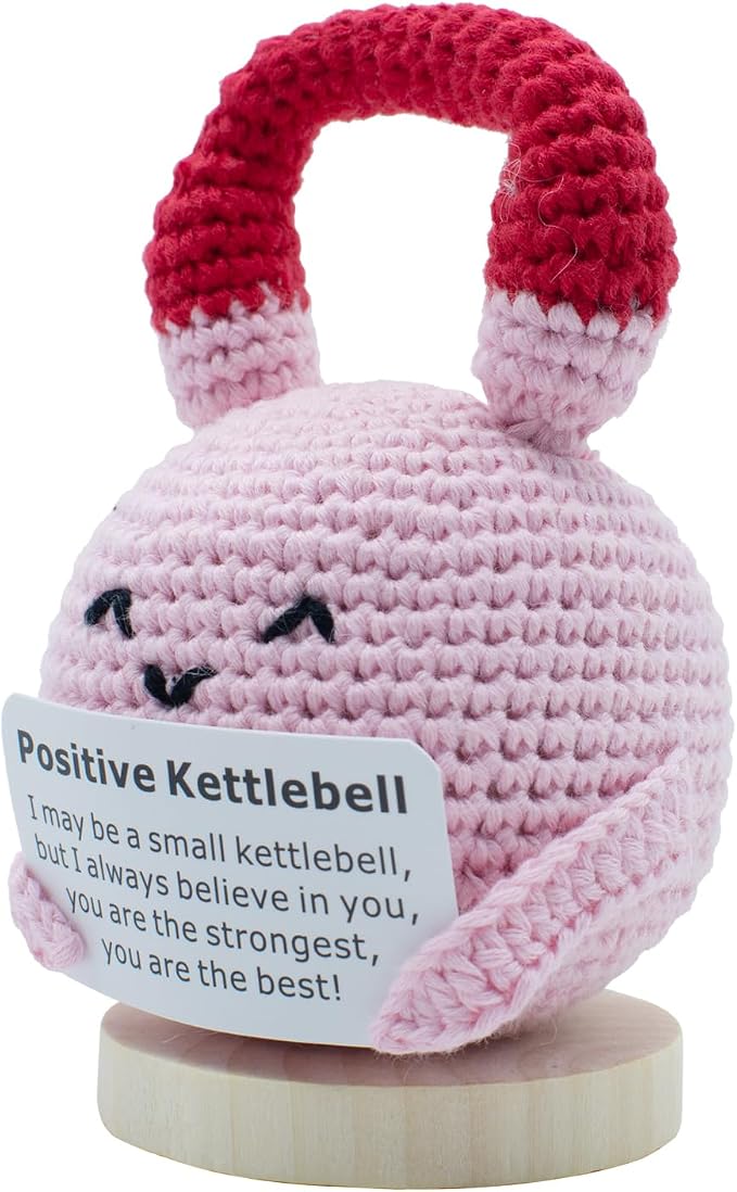 Crochet Knitted Kettlebell, 3.54 Inch Positive Kettlebell with Encouraging Card, Unique Fitness Themed Gift for Home Office Room Desktop Decoration