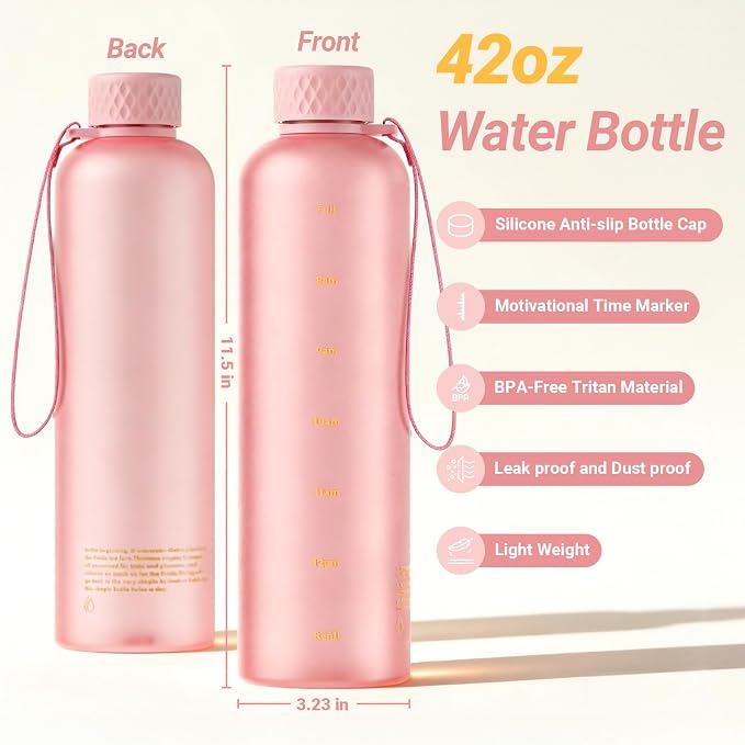 Sursip Slim Water Bottle 42 oz, Leakproof with Time Marker and Strap | Lightweight, BPA-free reusable plastic bottle fits cup holders and is dishwasher safe for gym, school, sports and travel.