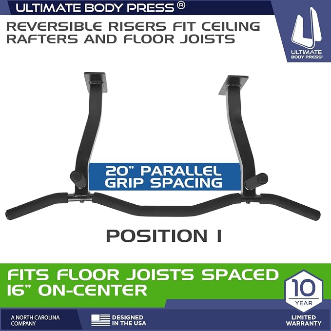 Ceiling Mount Pull Up Bar with Reversible Risers for 16 and 24 Inch Joists with Optimum Grip Spacing by Ultimate Body Press