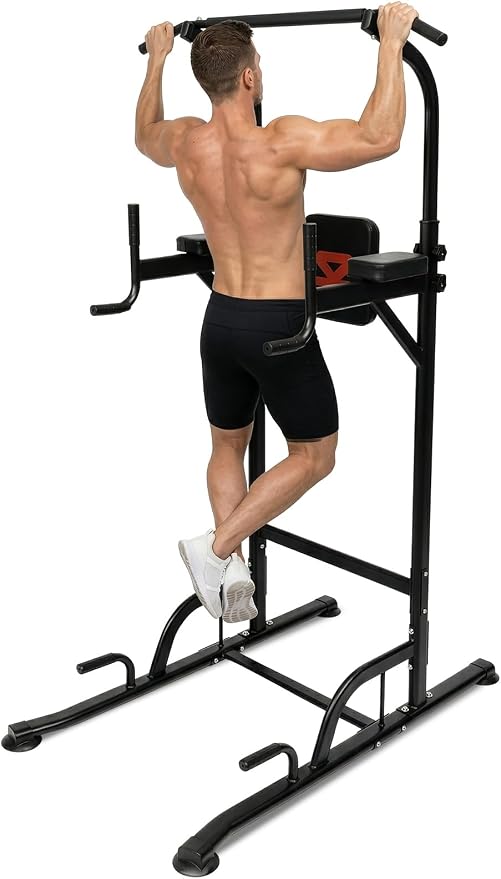 Power Tower Pull Up Station with Free Standing Pull Up Bar, Multi-Grip Workout Frame with 6 Adjustable Heights, H-Base Stability, Steel Construction, 330 lb Capacity for Home Gym, Black