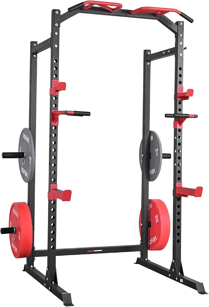 VEVOR Power Cage Power Rack, Multifunctional Barbell Squat Rack with Adjustable Height, Home Gym Strength Training Workout Equipment with J-Hooks & More Fitness Attachment for Bench Press Pull-Up Dips