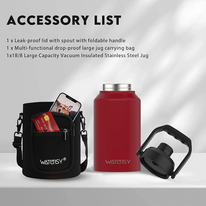WATERSY 2/3 Gallon Water Bottle Insulated(Cold for 48 Hrs),BPA Free&Leak Proof,87oz Stainless Steel Water Jug/Flask,Big thermo,Large Water Bottle with Handle for Gym,Hiking,Camping,Red