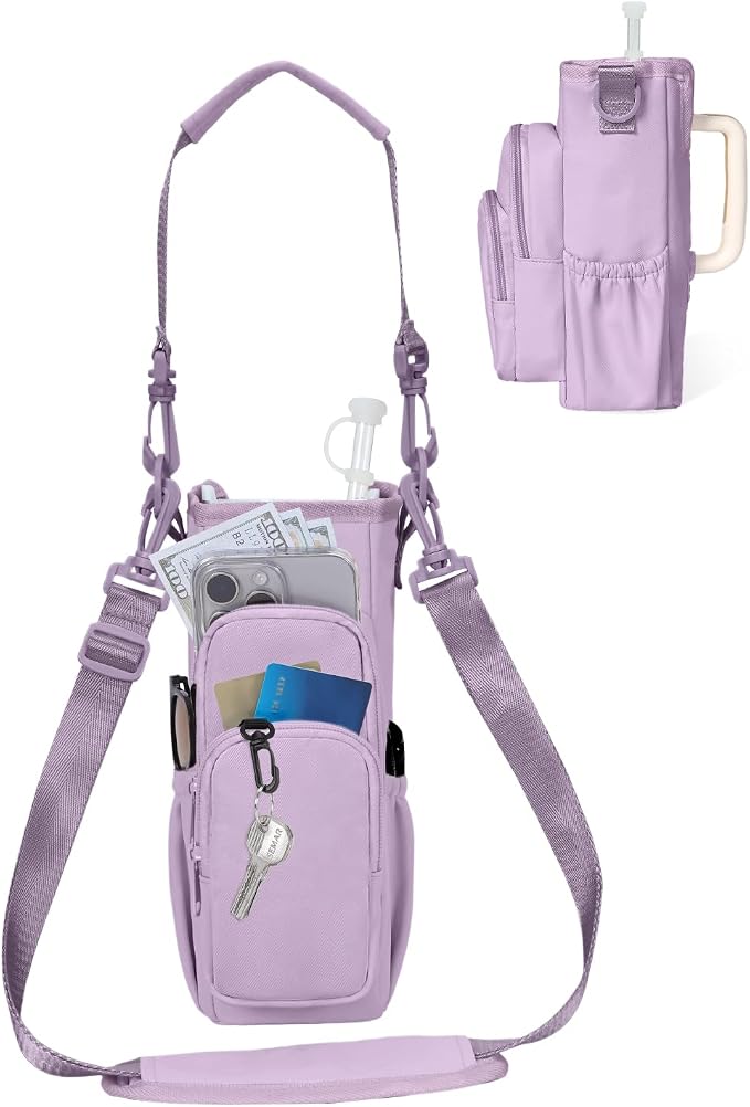sportsnew 30/40oz Crossbody Water Bottle Holder Anti-Tip Tumbler Carrier | Lightweight Bottle Sling Fits Handled Tumbler w/ Phone Pocket, Adjustable Strap, Insulated Lining, Hands-free for Hiking Gym