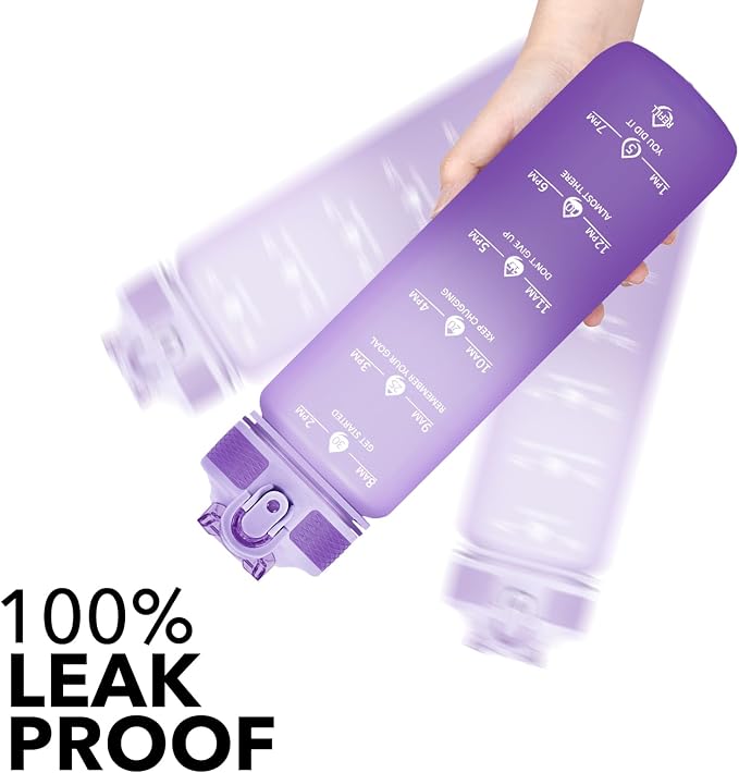 Hyeta Plastic Water Bottle With Straw & Time Marker, 32oz Leakproof Jug | Motivational Tritan BPA Free Gym Office Outdoor Intake Tracker Hourly Reminder Straw Lid Lightweight