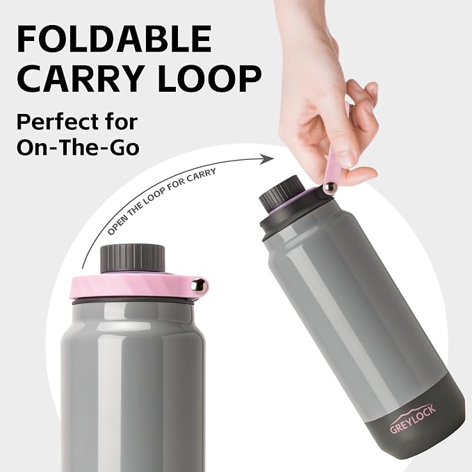 GREYLOCK 32 oz Insulated Water Bottle with Straw Lid, Leakproof Reusable Stainless Steel Vacuum Flask, 24hr Cold & Hot, Carry Handle & Silicone Spout, BPA-Free for Gym, Hiking, Travel, Grey