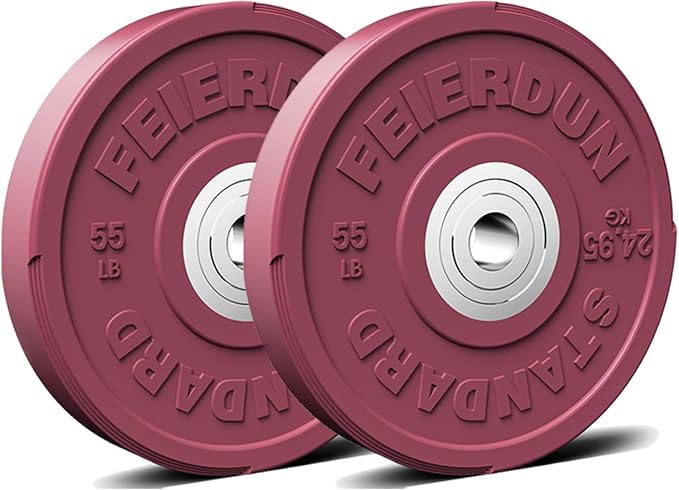 FEIERDUN Color Bumper Plate Set, 2-Inch Olympic Weight Plates, Low Bounce Rubber Barbell Plates with Stainless Steel Insert for Weightlifting, Strength Training, CrossFit & Home Gym, 10LB-370LB