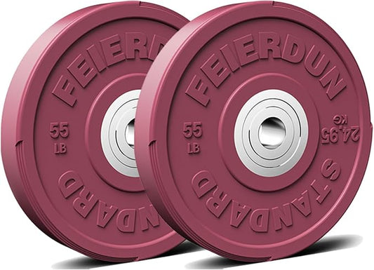 FEIERDUN Color Bumper Plate Set, 2-Inch Olympic Weight Plates, Low Bounce Rubber Barbell Plates with Stainless Steel Insert for Weightlifting, Strength Training, CrossFit & Home Gym, 10LB-370LB