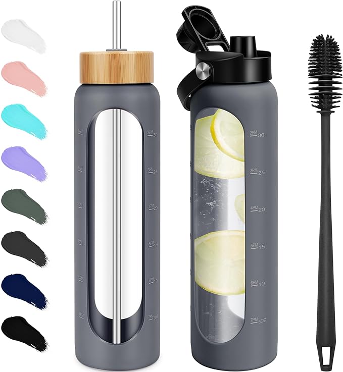 FULBEVY 32 oz Glass Water Bottle with Time Marker, 2 Lids & Silicone Sleeve