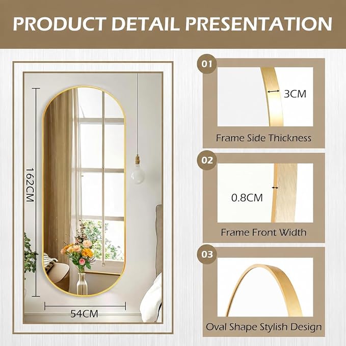 ZHUNFA Arched Full Length Floor Mirror, 64×21 Oval Full Floor Mirror | Large Wall Mounted Arched-Top Body for Living Room, Bedroom, Bathroom, Entryway, Dressing Room, gold