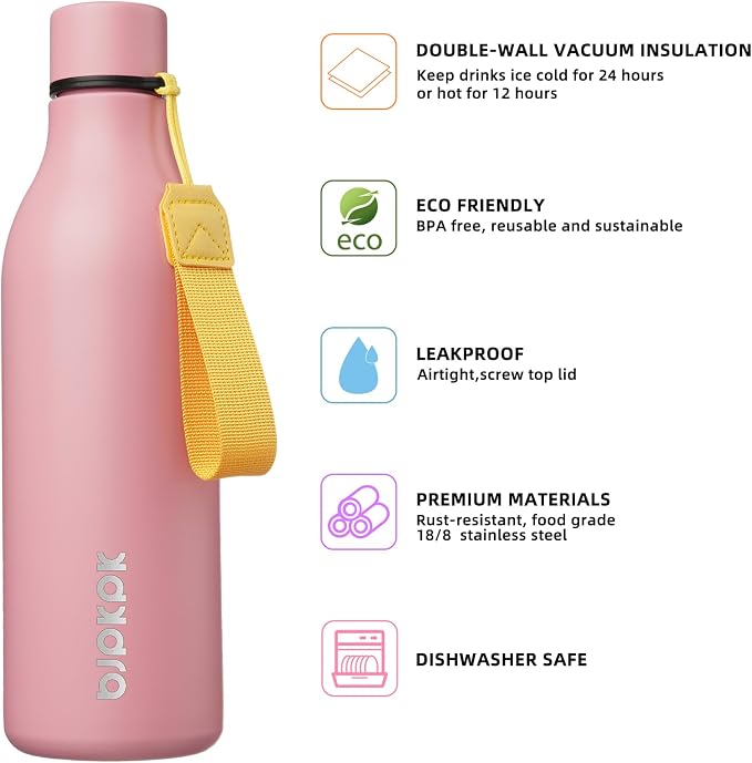 BJPKPK 25oz Insulated Water Bottle, Stainless Steel Bottle with Carry Strap | Keep Cold & Hot Vacuum Insulation, Leak-Proof BPA-Free Design, Slim Bottle Fits Most Cup Holders for Gym, Office & Travel