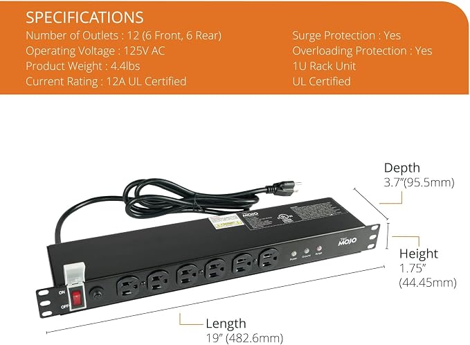 Tecmojo 1U Rackmount Network-Grade PDU Surge Protector, 12 Outlets (6 Front, 6 Rear Wide Spaced) 12A 6ft Cord with 5-15P Lug - Black, UL Certified