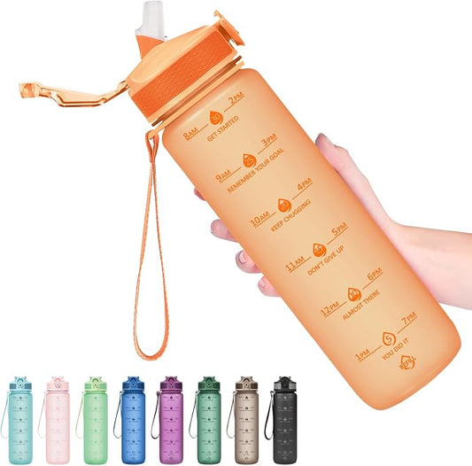Hyeta Plastic Water Bottle With Straw & Time Marker, 32oz Leakproof Jug | Motivational Tritan BPA Free Gym Office Outdoor Intake Tracker Hourly Reminder Straw Lid Lightweight