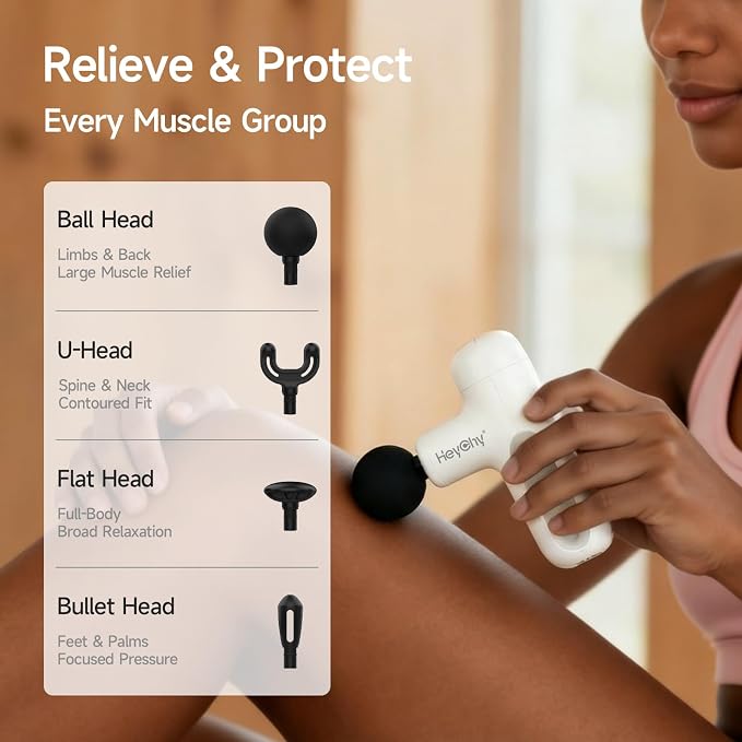 HEYCHY Super Mini Massage Gun Deep Tissue, Handheld Muscle Massager with 4 Heads, Percussion Travel Size Massager Gun FSA Eligible for Men Women Back Relief, Quiet for Home, Gym, Office, HSA, White