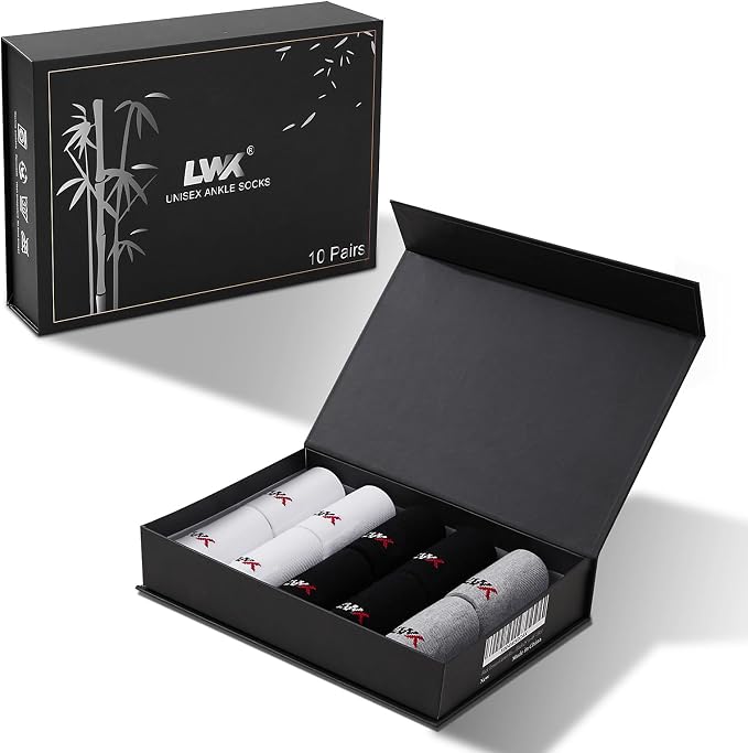 LWK Men's Bamboo Viscose Ankle Socks 10-Pack, Thick Cushioned, Seamless Toe, Moisture Wicking, Arch Support, Gift Box