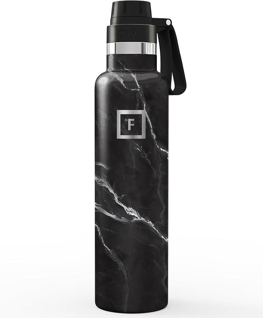 IRON °FLASK 24 oz Narrow Mouth Water Bottle with Spout | Insulated Stainless Steel Sports Water Bottle with Leakproof Spout Lid - BPA Free, Cold 24 Hrs, Sweat Free (Black Marquina)